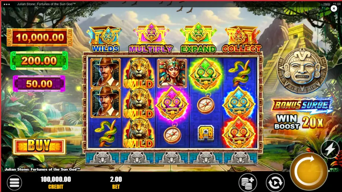 Julian Stone: Fortunes of the Sun God slot game interface with Aztec jungle theme