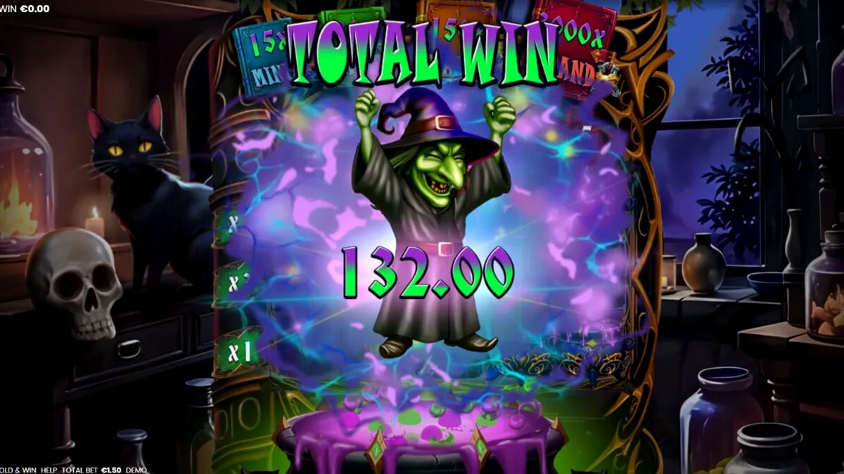 Tampilan visual slot Witches’ Fortune: Hold & Win dengan tema sihir dan kuali ajaib